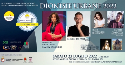 BISCEGLIE – È tempo delle “Dionisie Urbane”. Al via la quarta edizione del Festival dei Monologhi di Puglia e Molise a cura di CompagniAurea e FITA. I nomi dei finalisti