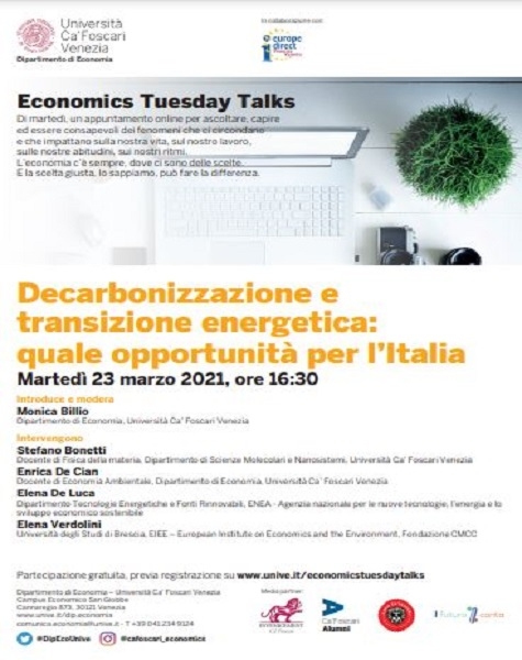 DECARBONIZZAZIONE E TRANSIZIONE ENERGETICA  AGLI ECONOMICS TUESDAY TALKS DI CA’ FOSCARI