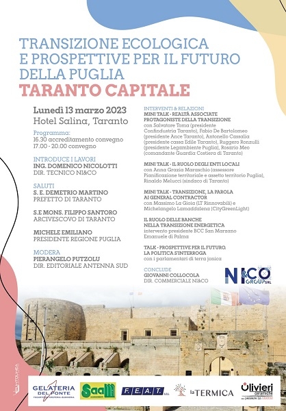 “TRANSIZIONE ECOLOGICA E PROSPETTIVE PER IL FUTURO DELLA PUGLIA. TARANTO CAPITALE”: LUNEDI’ 13 UN CONVEGNO A TARANTO