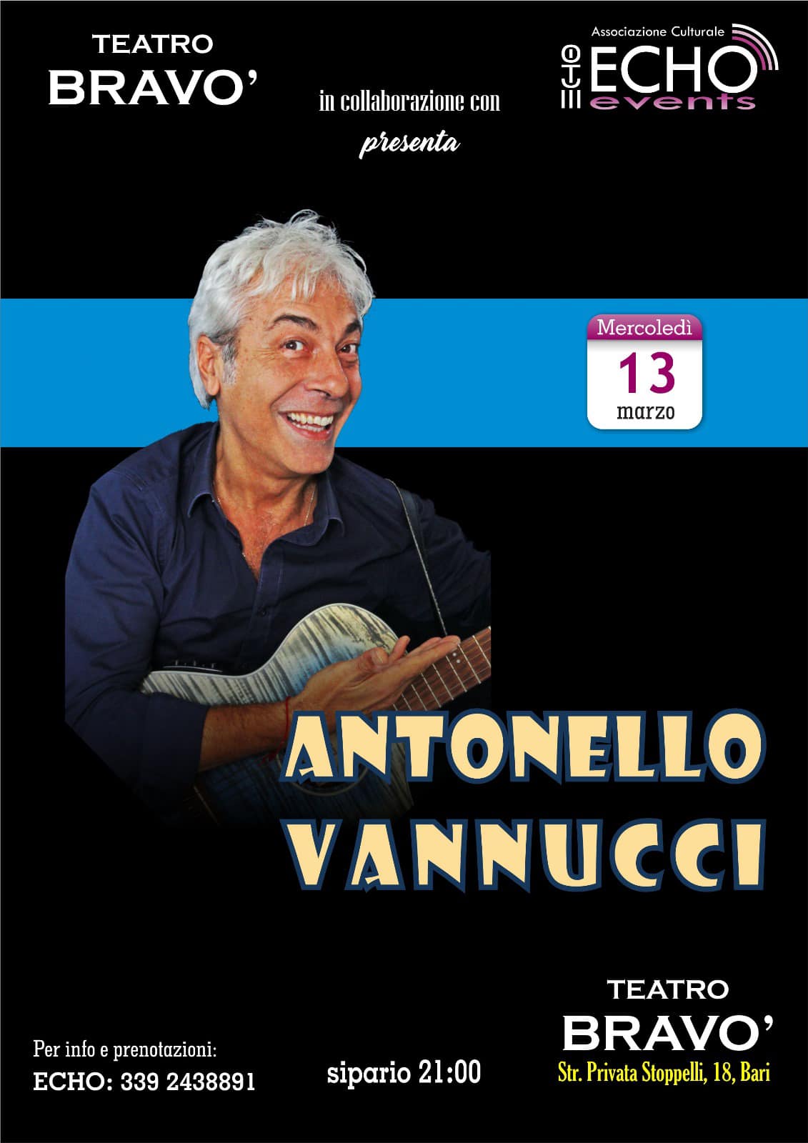 Antonello Vannucci al teatro Bravò con le sue scoppiettanti canzoni