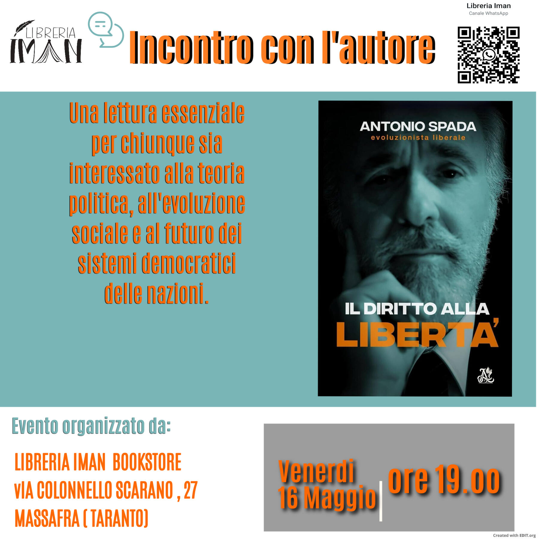 “Il diritto alla libertà”: a Massafra la presentazione del saggio di Antonio Spada